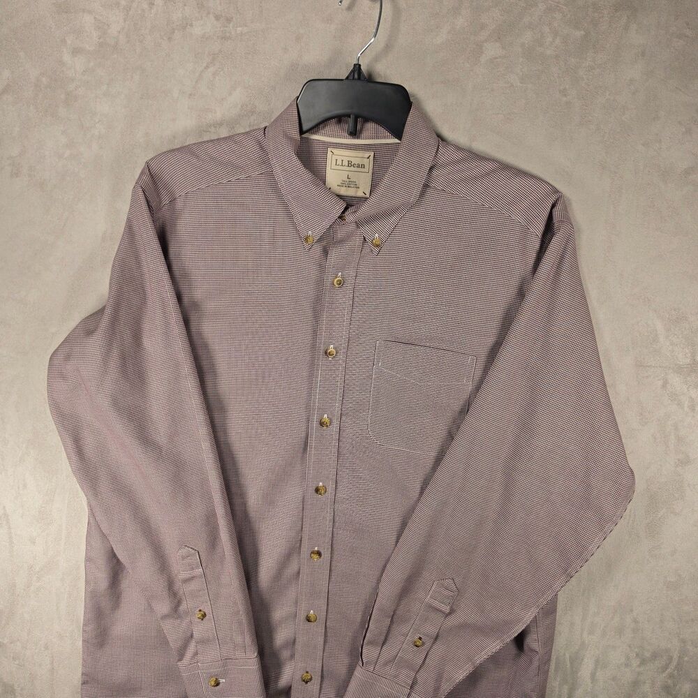 LL Bean Shirt Mens Large Red White Houndstooth Micro Check Long Sleeve Button Up